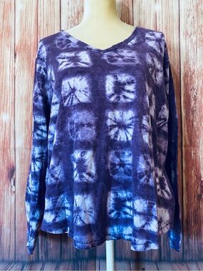 Women’s XXL Blouse Sonoma Purple Tie Dye Long Sleeves V Neck 100% Cotton Soft